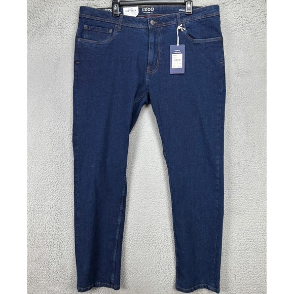 Izod Sport Flex Mens Straight Fit Jeans 42X32 Blue 5 Pocket Stretch Denim NEW - Picture 1 of 10
